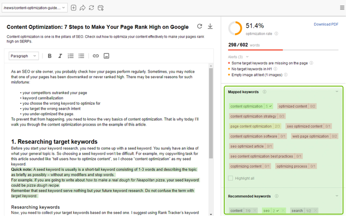 optimizing content in WebSite Auditor