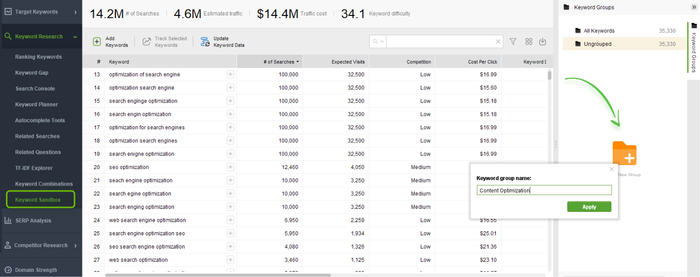 creating a keyword group in rank Tracker