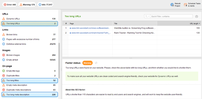 Too long URLs, titles and descriptions report in WebSite Auditor