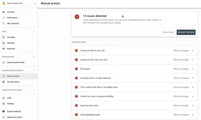 Manual actions report shows many issues detected