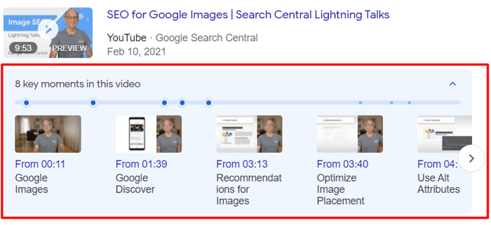 Key Moments Panel under video results on Google