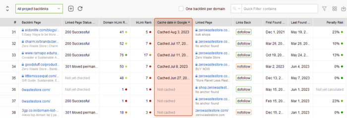 Cache Date in Google column in SEO SpyGlass