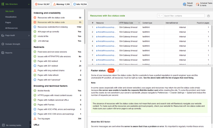 indexing issues and site audit in WebSite Auditor