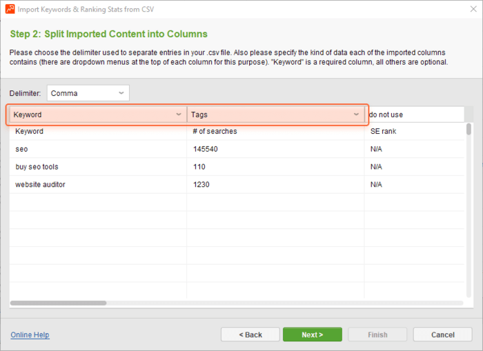 specify the data to import to Rank Tracker