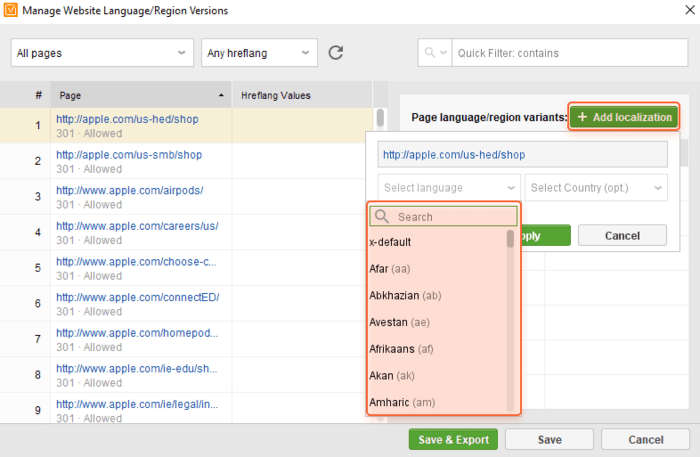 Choose a URL you want to generate hreflang for, click Add Localization, and select the language and region you need