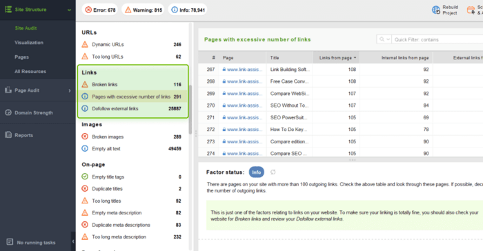 Pages with too many outbound links are detected in Site Audit > Links section