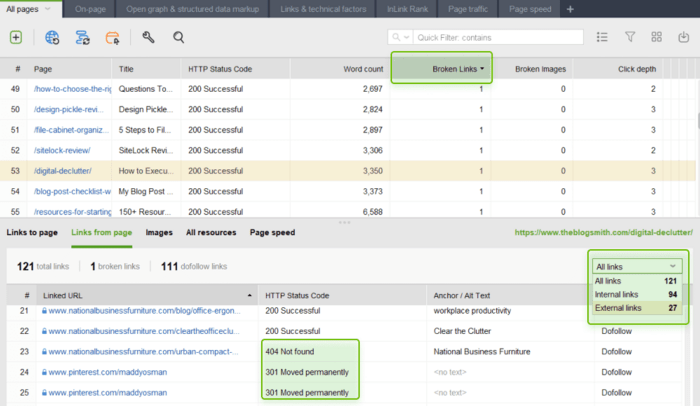 Auditing broken links with WebSite Auditor sitewide and page by page