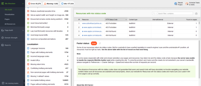 In WebSite Auditor, go to Site Structure > Site Audit and pay attention to the Localization section.