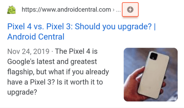 AMP lightning bolt icon on SERP