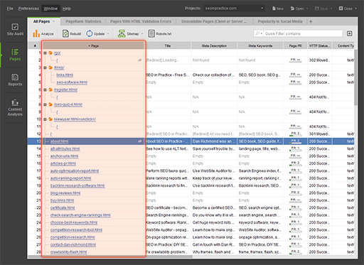 Website structure analysis in Website Auditor