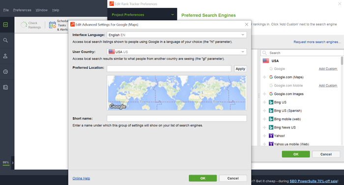 Rank tracking across any search engine by country